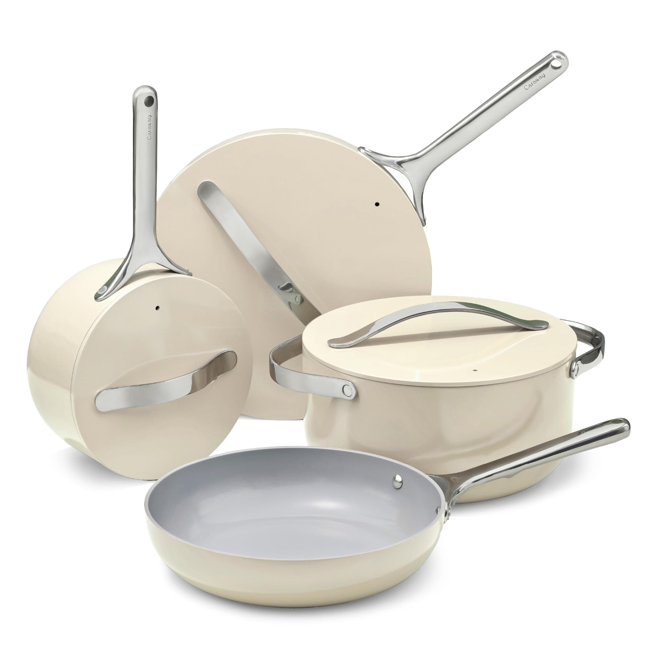 Caraway Non-stick Ceramic Cookware Set (12 Piece) Pots, Pans, Lids and Kitchen Storage - PFAS & PFOA Free - Oven Safe Pan Set & Compatible with All Stovetops - Cream Cream 12pc Set