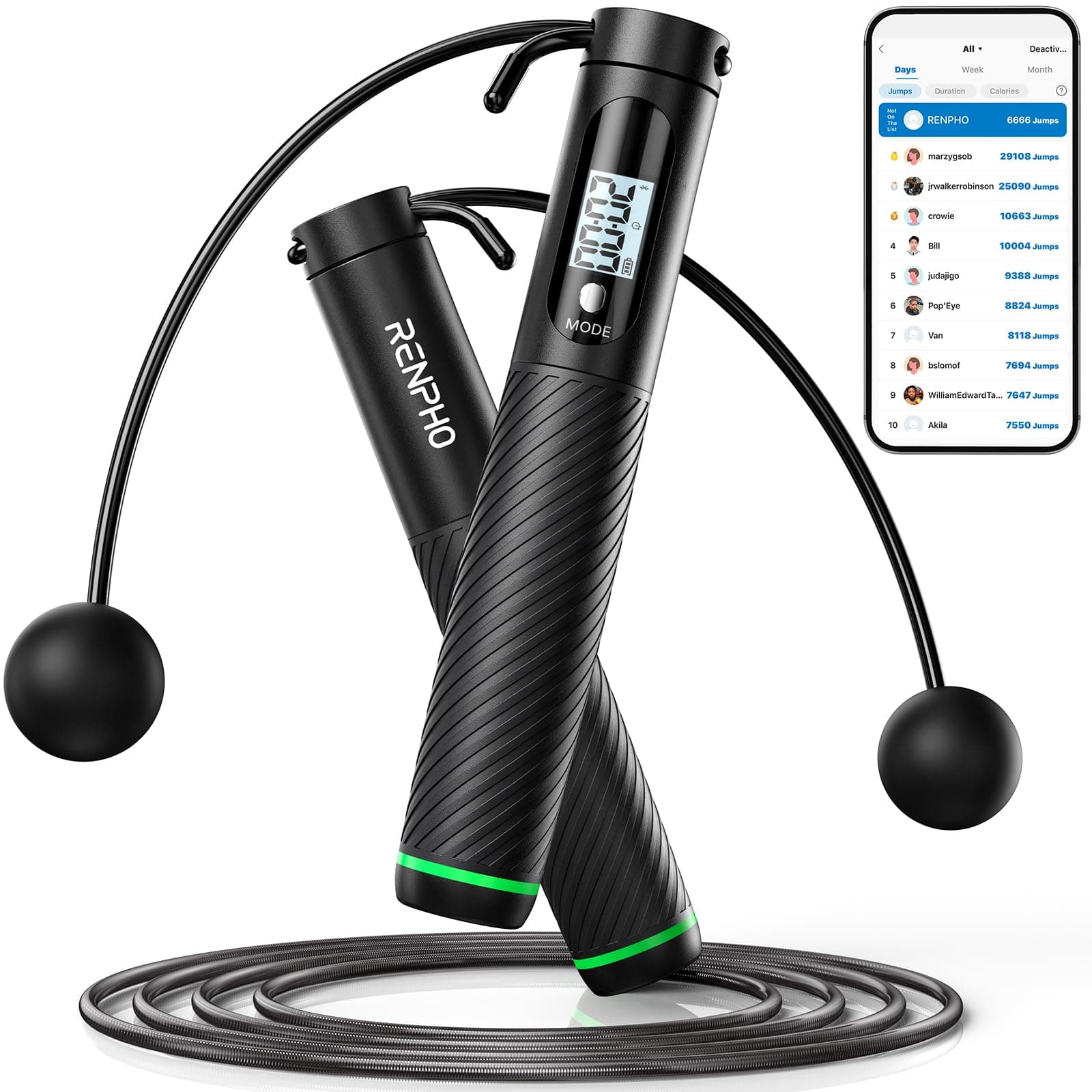 RENPHO Cordless Jump Rope, Weighted Jump Rope with Counter, Jump Ropes for Fitness, Smart Skipping Rope for Crossfit A-Black