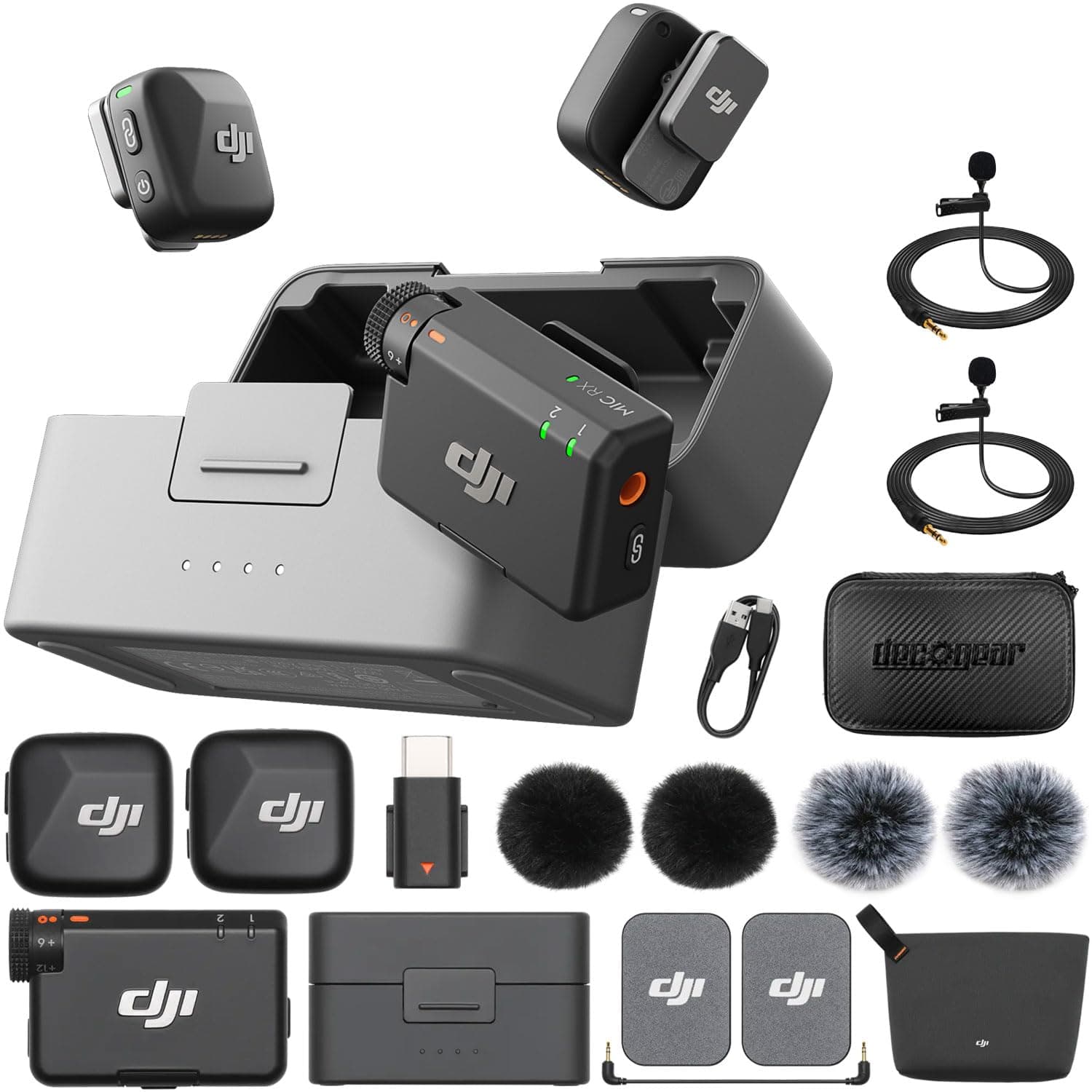 DJI Mic Mini (2 TX + 1 RX + Charging Case) Wireless Lavalier Microphone, Ultralight, Noise Cancelling, Up to 48-Hour Battery Life Bundle with 2 x Deco Gear Lapel Microphone and 5" EVA Case DJI Mic Mini + Essentials