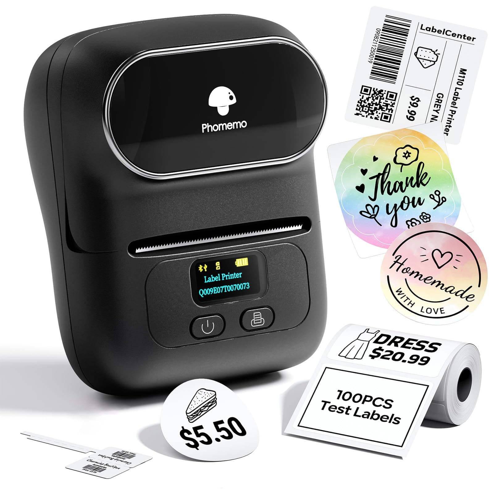 Phomemo M110 Label Makers - Barcode Label Printer Bluetooth Label Maker Portable Thermal Printer for Small Business, Address, Barcode, Logo, Clothing, Mailing, Sticker Printers for Phone & PC, Black Black 1 Printer + 1 Roll Label