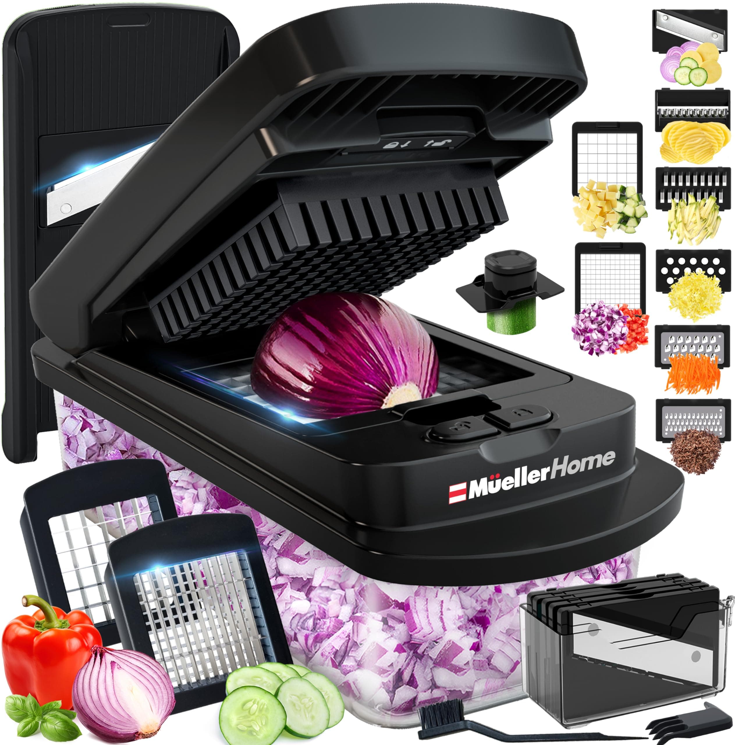 Mueller Pro-Series 10-in-1, 8 Blade Vegetable Chopper, Mandoline Slicer, Onion Mincer, Cutter, Dicer, Veggie Chopper with Container, Kitchen Essentials & Gadgets, House Warming Gifts New Home, Black 8 Blade Black