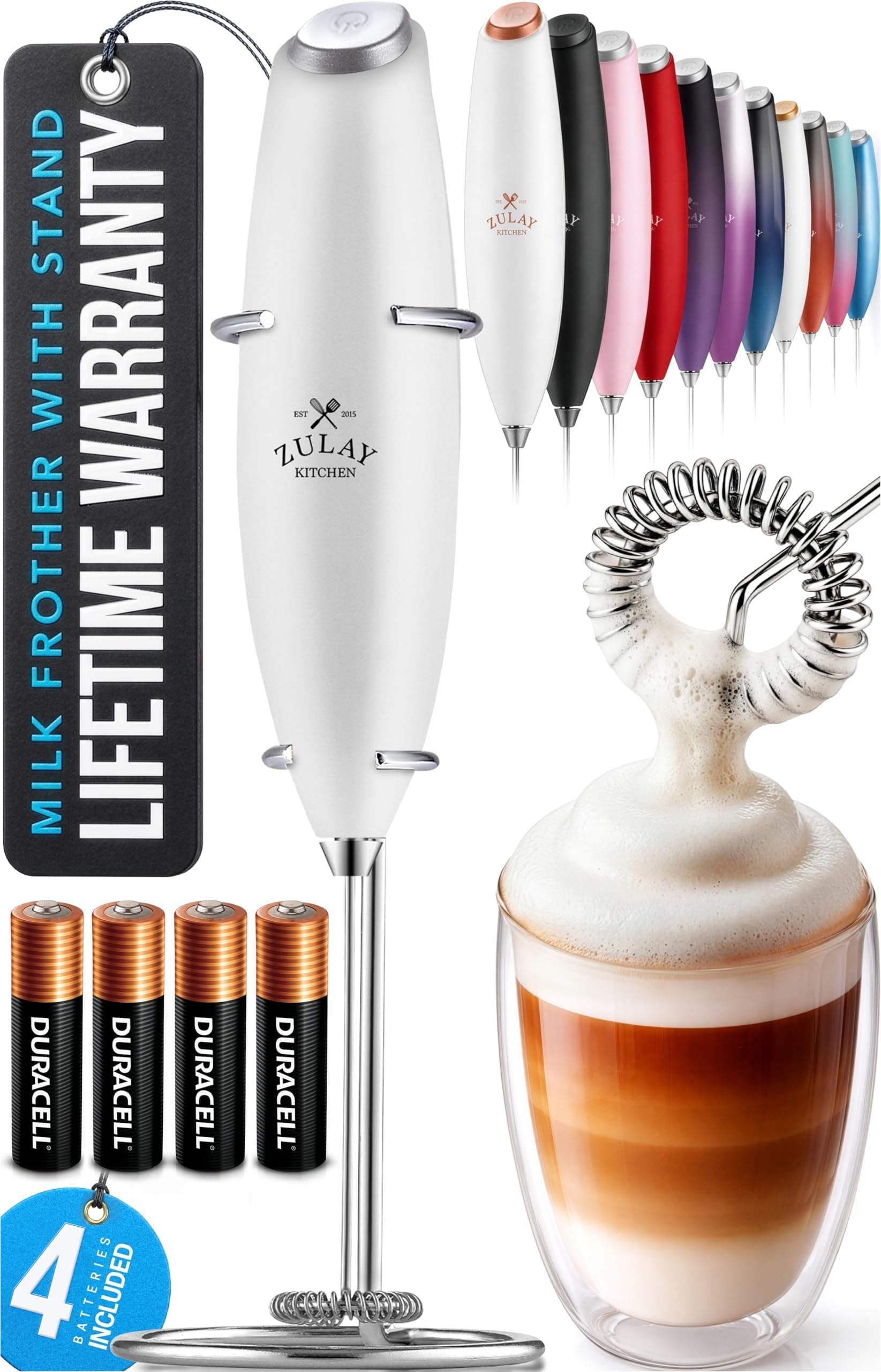 Zulay Kitchen Powerful Milk Frother Wand With Duracell Batteries - Ultra Fast Handheld Drink Mixer - Electric Whisk Foam Maker for Coffee, Lattes, Cappuccino & Matcha - Z1 Motor - Blizzard White Blizzard Frost Z1 Motor + Batteries